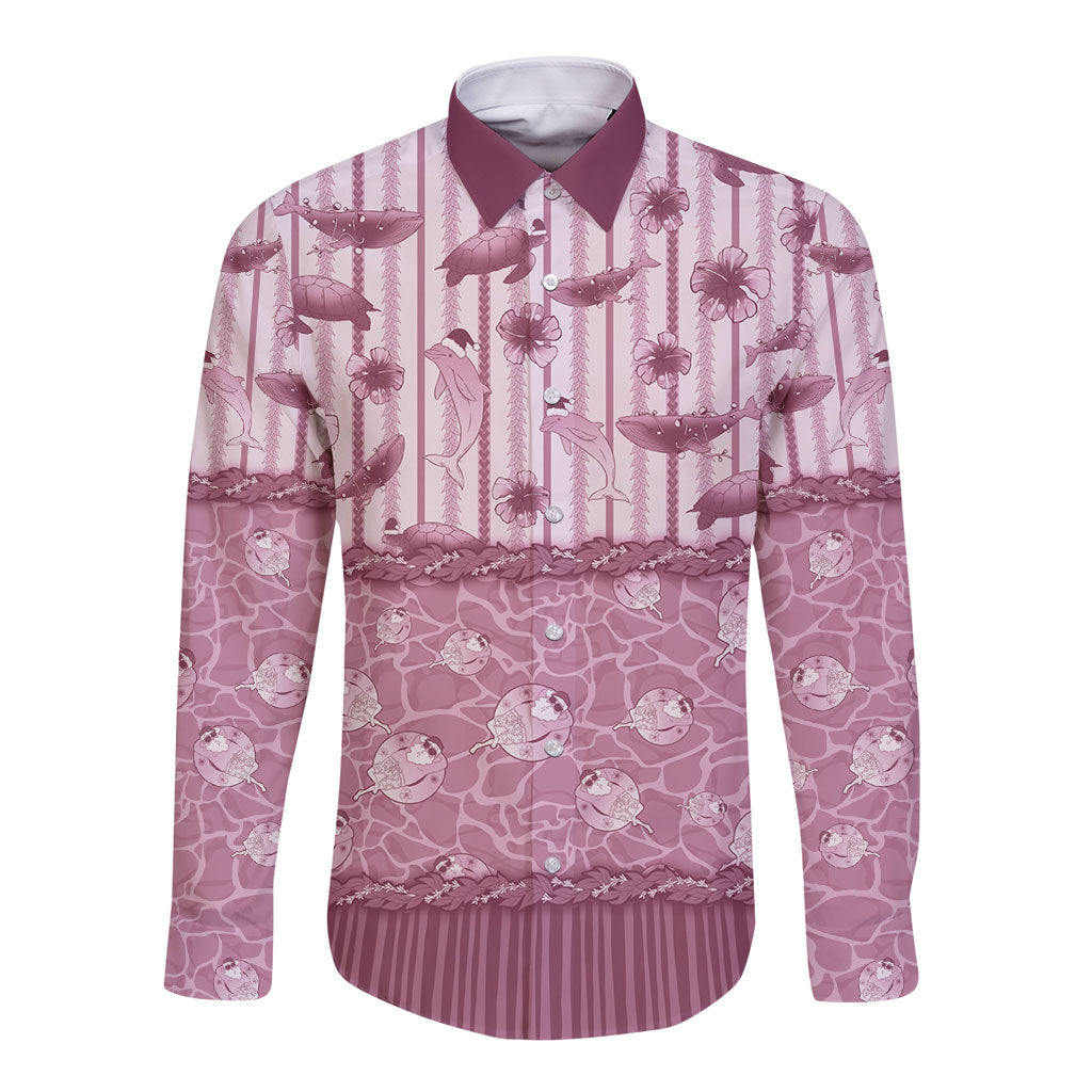 Hawaii Christmas In July Long Sleeve Button Shirt Dusty Pink Mele Kalikimaka Sea Animals