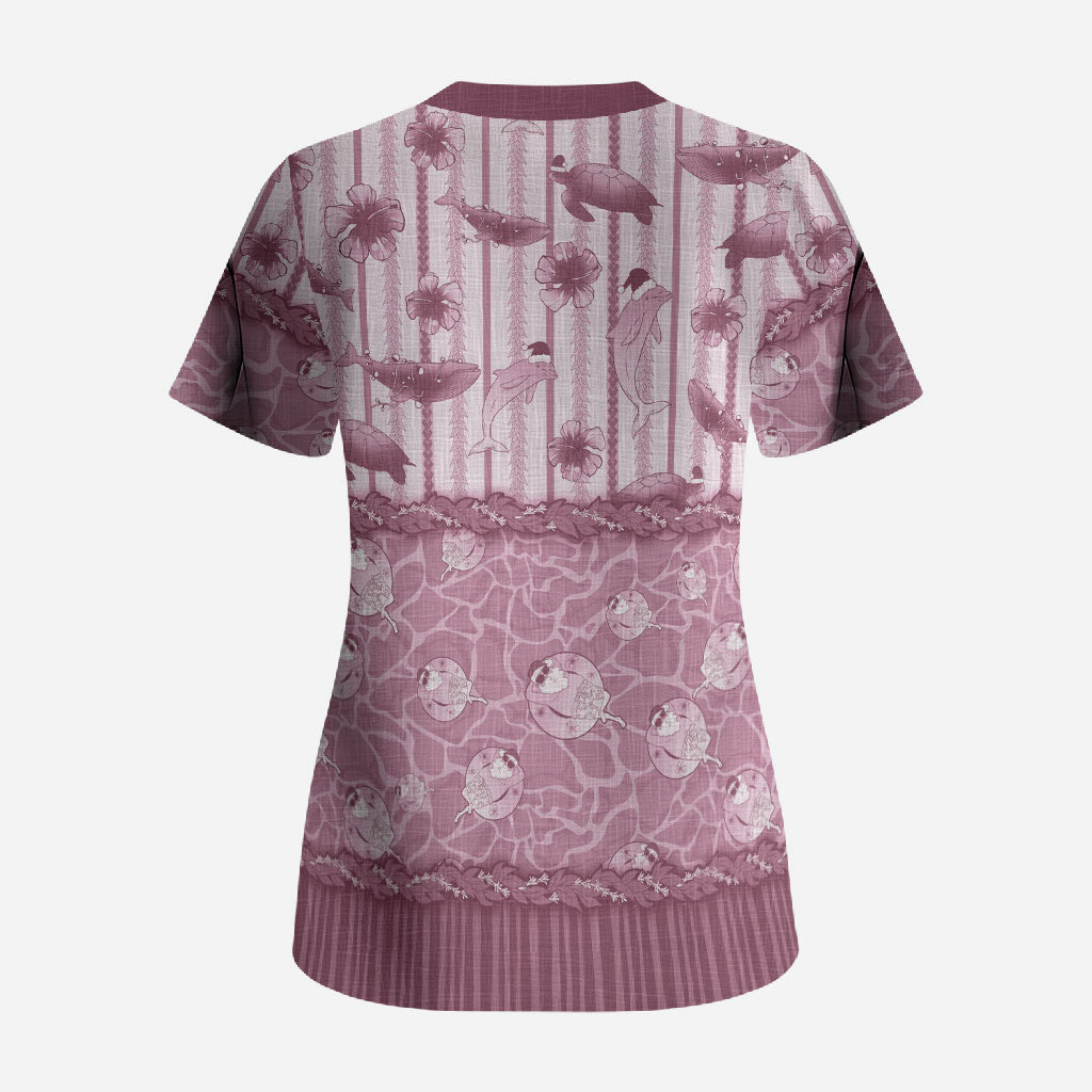 Hawaii Christmas In July Scrub Top Dusty Pink Mele Kalikimaka Sea Animals DT05 - Polynesian Pride