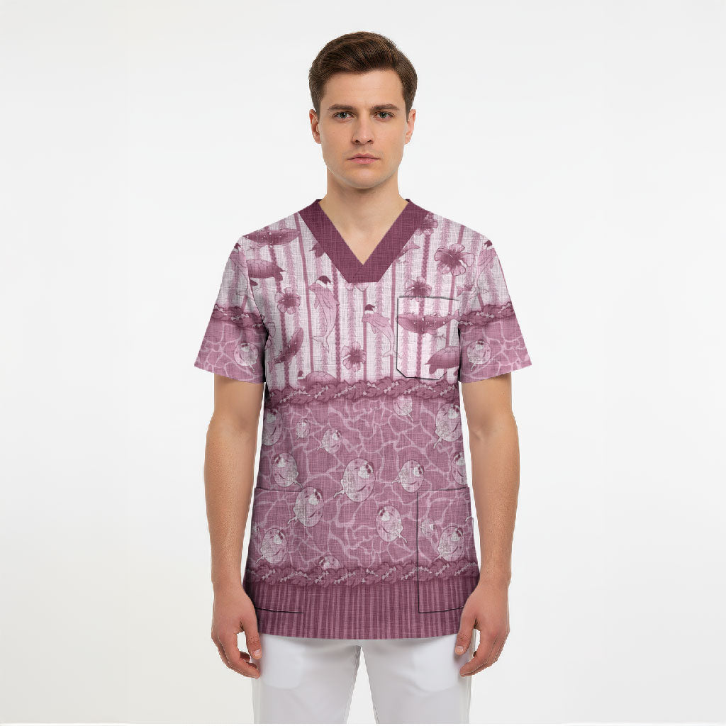 Hawaii Christmas In July Scrub Top Dusty Pink Mele Kalikimaka Sea Animals DT05 - Polynesian Pride