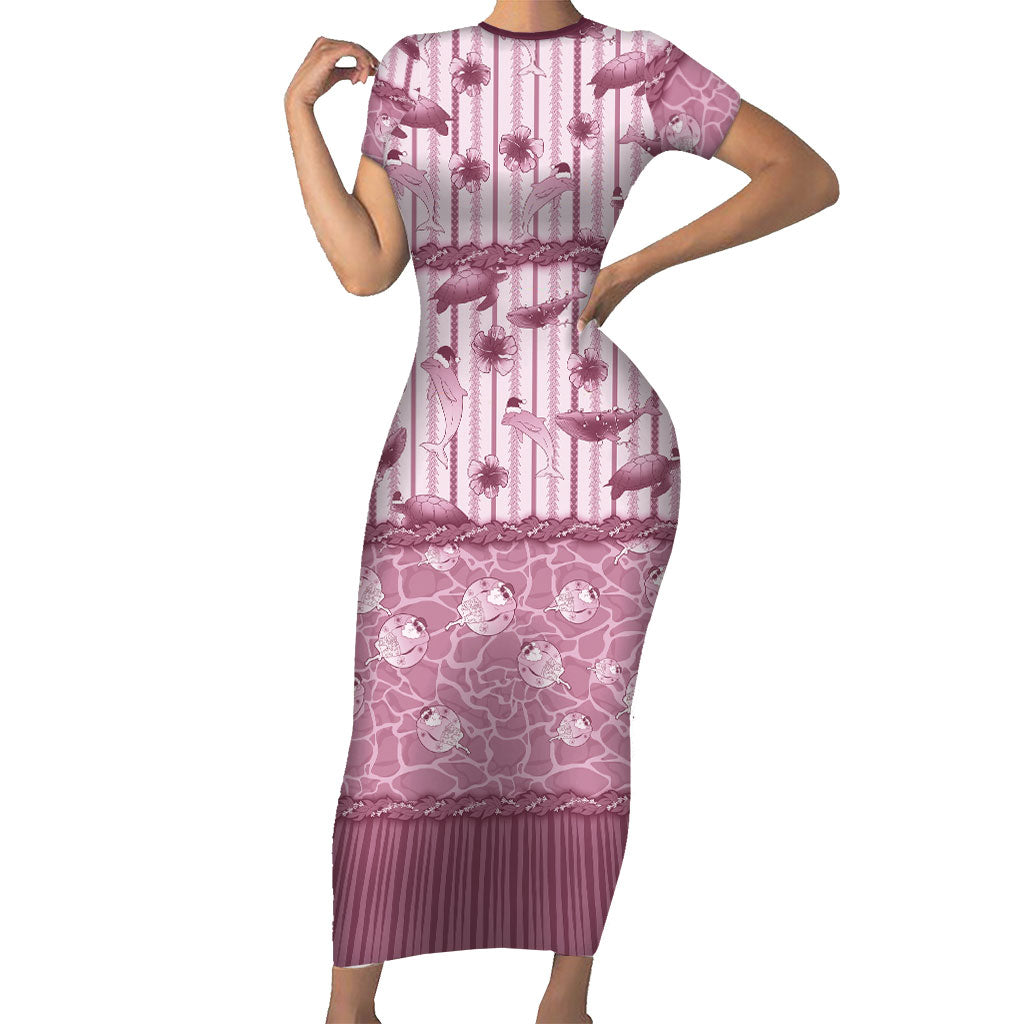 Hawaii Christmas In July Short Sleeve Bodycon Dress Dusty Pink Mele Kalikimaka Sea Animals DT05 Long Dress Pink - Polynesian Pride