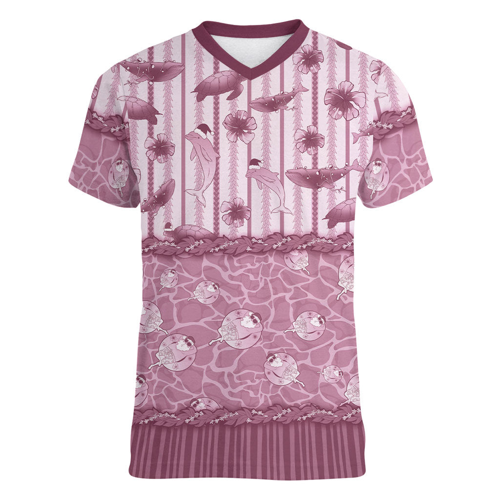 Hawaii Christmas In July Women V-Neck T-Shirt Dusty Pink Mele Kalikimaka Sea Animals DT05 Female Pink - Polynesian Pride