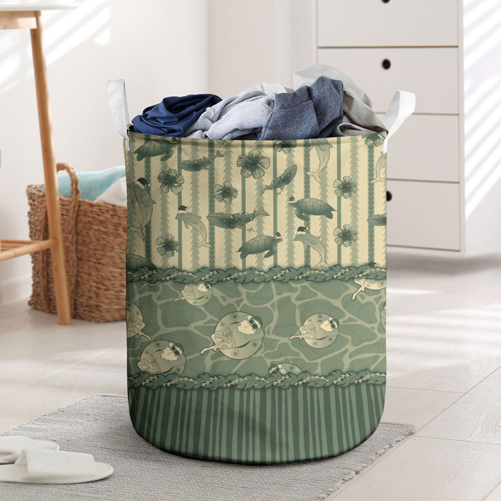 Hawaii Christmas In July Laundry Basket Olive Green Mele Kalikimaka Sea Animals