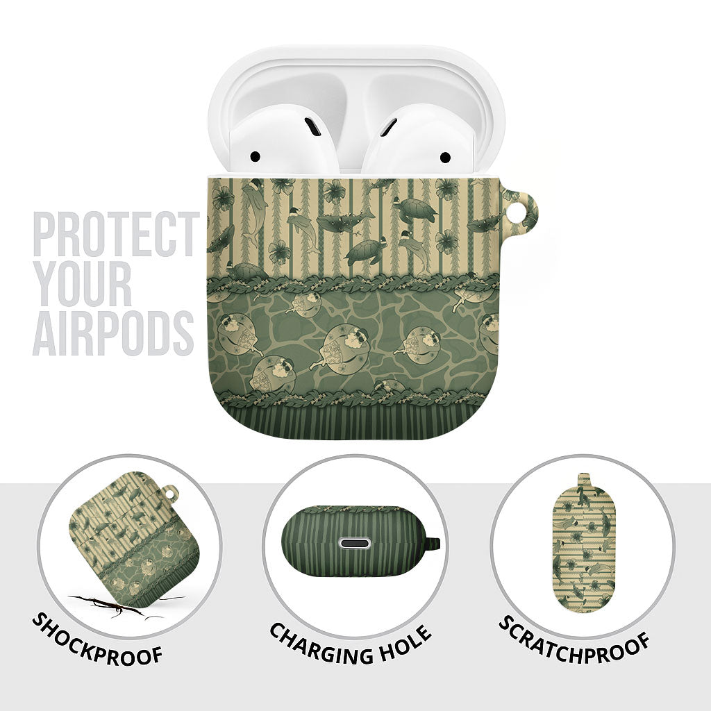 Hawaii Christmas In July AirPods Case Olive Green Mele Kalikimaka Sea Animals