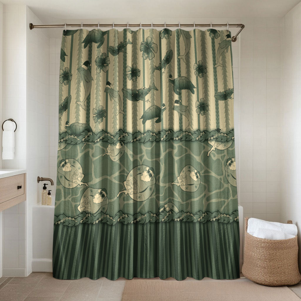 Hawaii Christmas In July Bathroom Set Olive Green Mele Kalikimaka Sea Animals DT05 Shower Curtain Only Green - Polynesian Pride