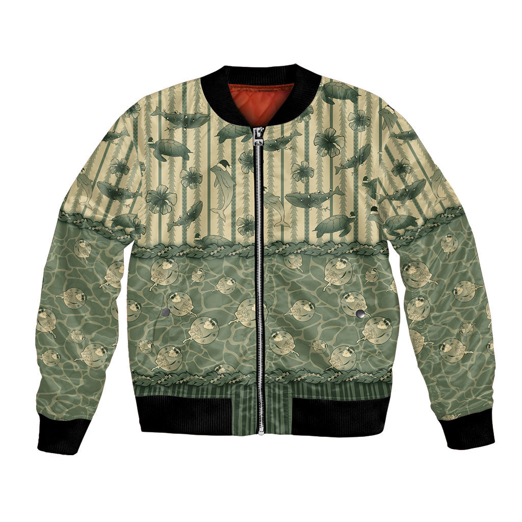 Hawaii Christmas In July Bomber Jacket Olive Green Mele Kalikimaka Sea Animals