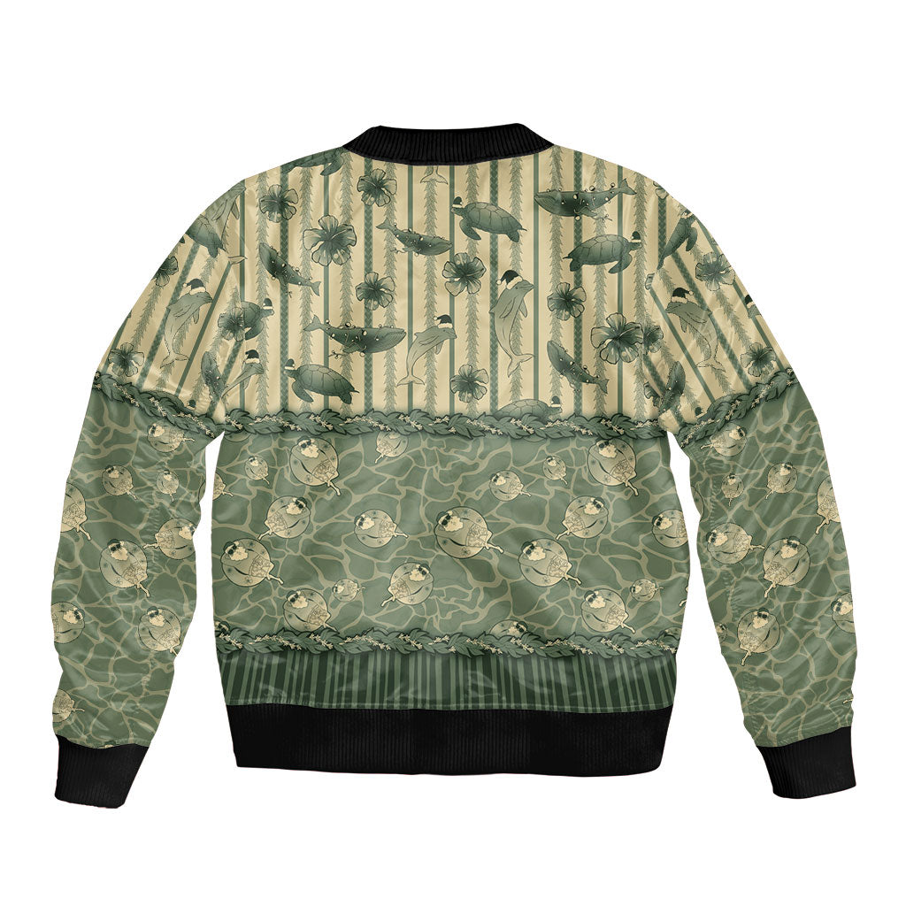 Hawaii Christmas In July Bomber Jacket Olive Green Mele Kalikimaka Sea Animals DT05 - Polynesian Pride