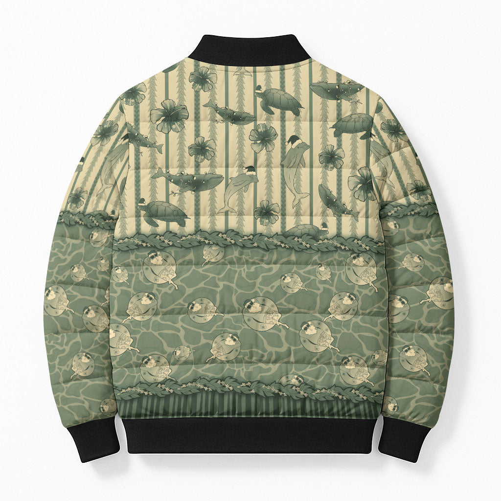 Hawaii Christmas In July Bomber Puffer Jacket Olive Green Mele Kalikimaka Sea Animals DT05 - Polynesian Pride