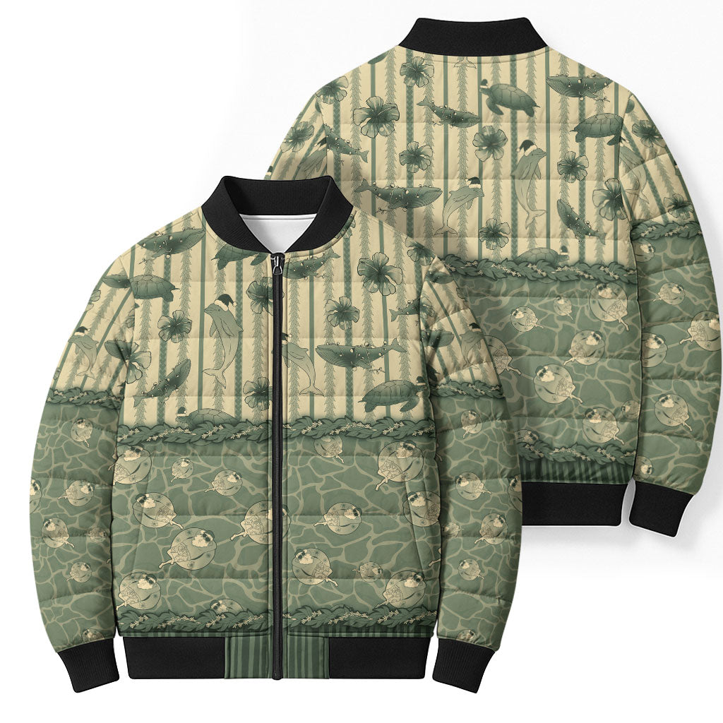 Hawaii Christmas In July Bomber Puffer Jacket Olive Green Mele Kalikimaka Sea Animals DT05 - Polynesian Pride