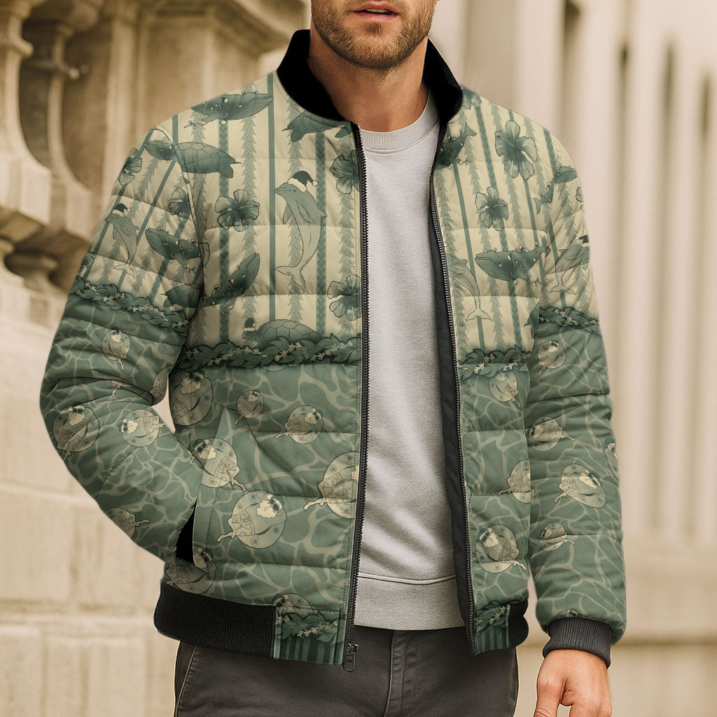 Hawaii Christmas In July Bomber Puffer Jacket Olive Green Mele Kalikimaka Sea Animals DT05 - Polynesian Pride