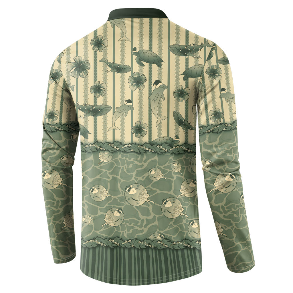 Hawaii Christmas In July Button Sweatshirt Olive Green Mele Kalikimaka Sea Animals