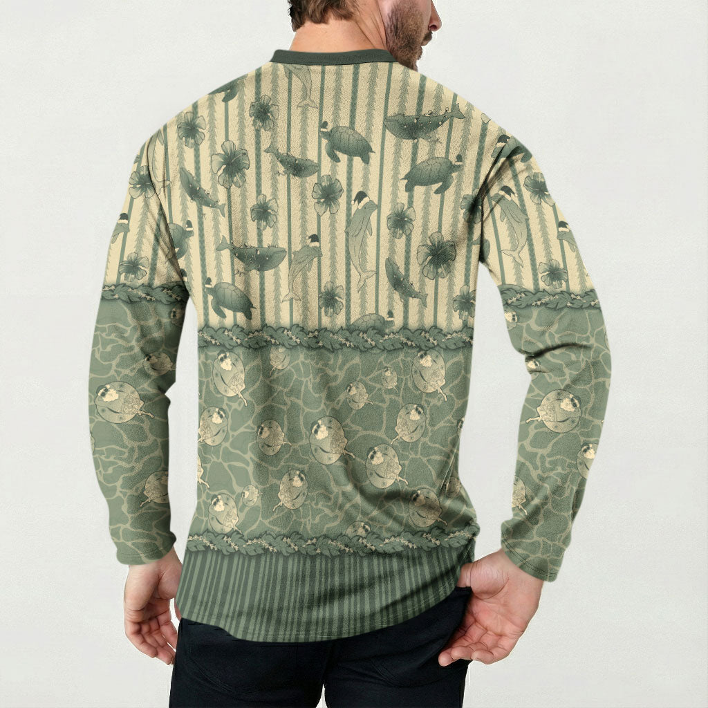 Hawaii Christmas In July Button Sweatshirt Olive Green Mele Kalikimaka Sea Animals