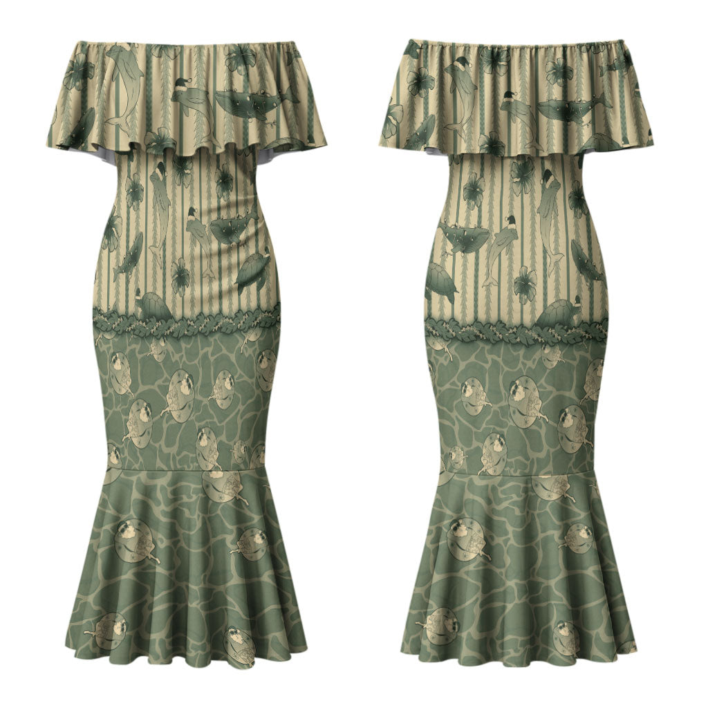 Hawaii Christmas In July Couples Matching Mermaid Dress and Hawaiian Shirt Olive Green Mele Kalikimaka Sea Animals DT05 - Polynesian Pride