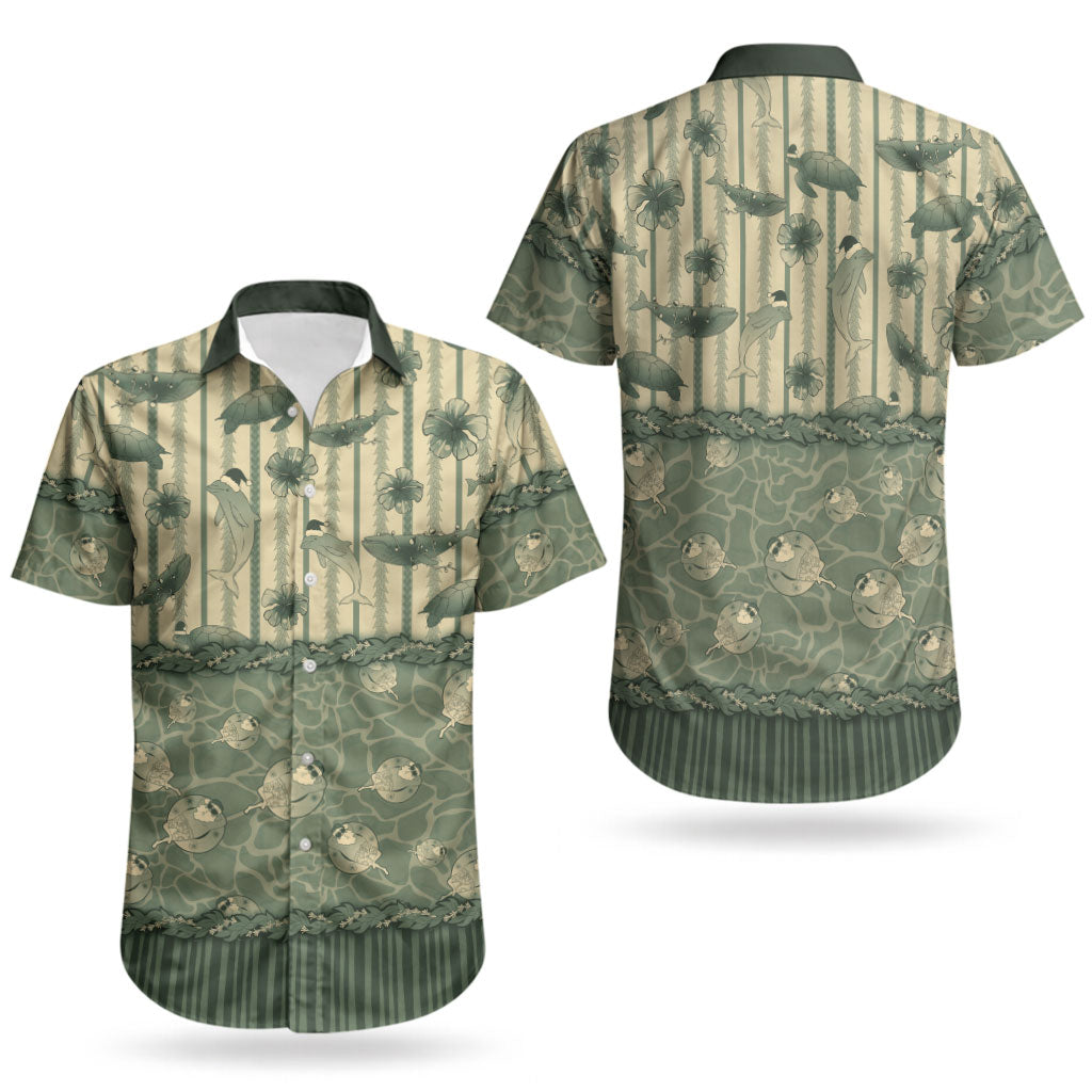 Hawaii Christmas In July Couples Matching Off Shoulder Short Dress and Hawaiian Shirt Olive Green Mele Kalikimaka Sea Animals DT05 - Polynesian Pride