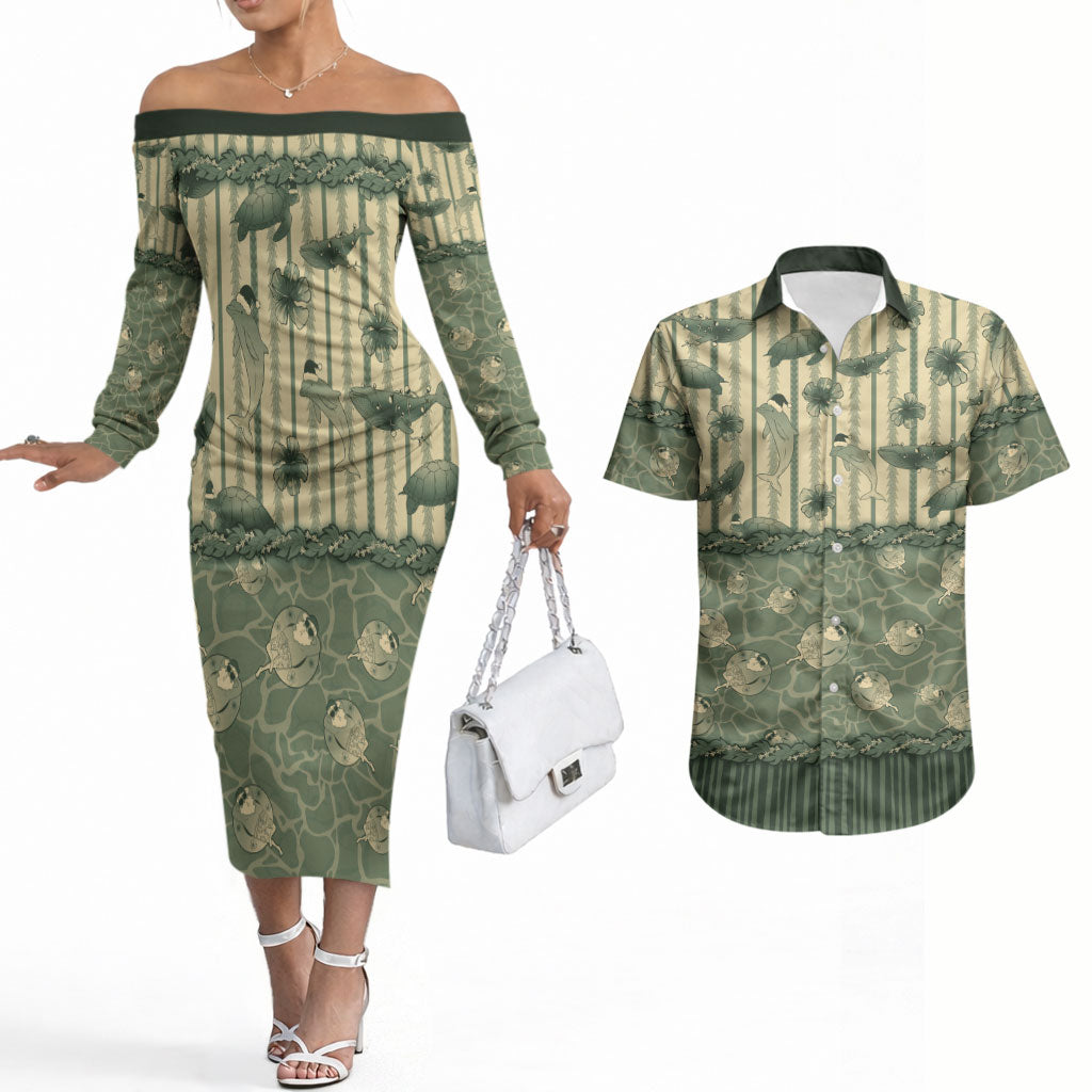 Hawaii Christmas In July Couples Matching Off The Shoulder Long Sleeve Dress and Hawaiian Shirt Olive Green Mele Kalikimaka Sea Animals DT05 Green - Polynesian Pride