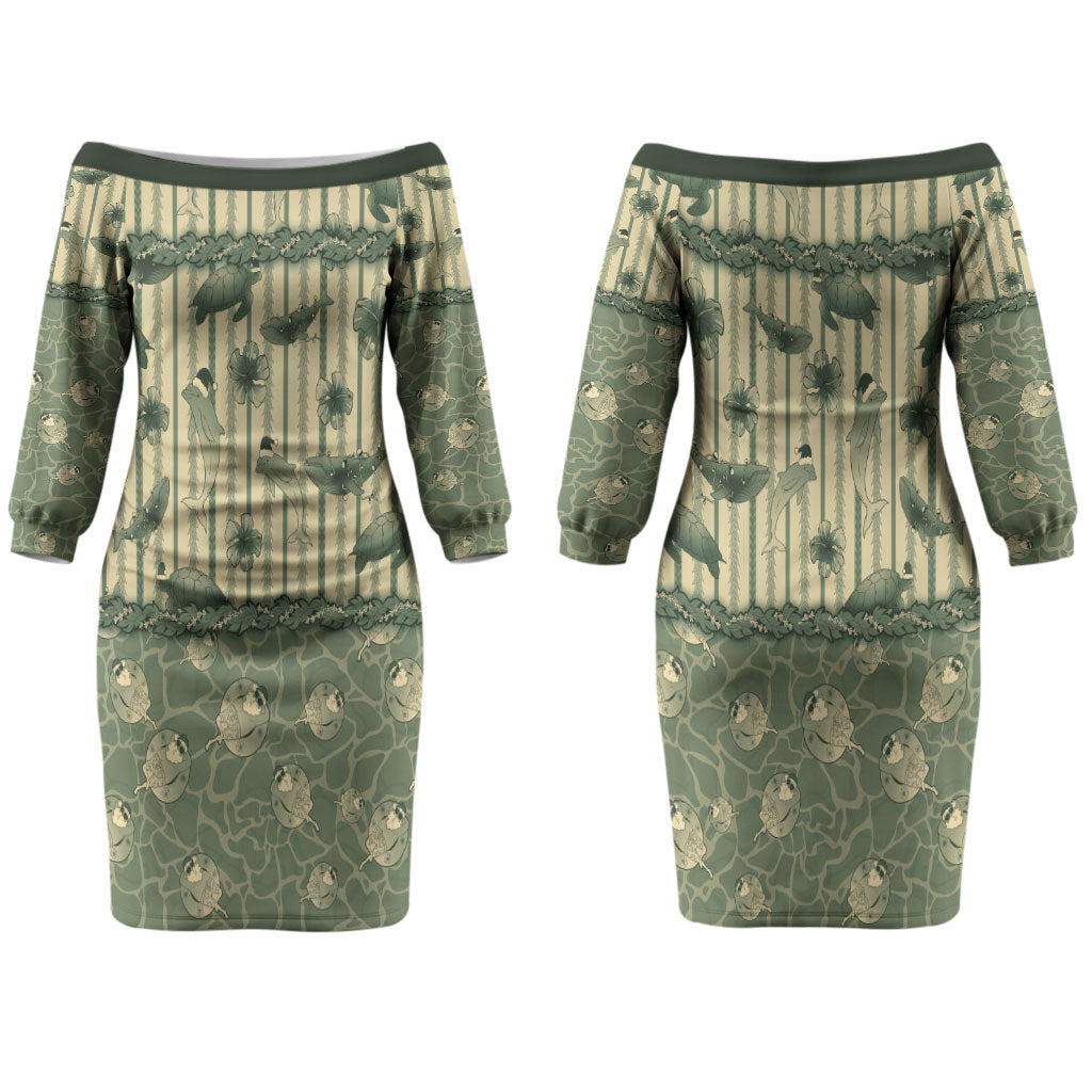 Hawaii Christmas In July Couples Matching Off The Shoulder Long Sleeve Dress and Hawaiian Shirt Olive Green Mele Kalikimaka Sea Animals DT05 - Polynesian Pride