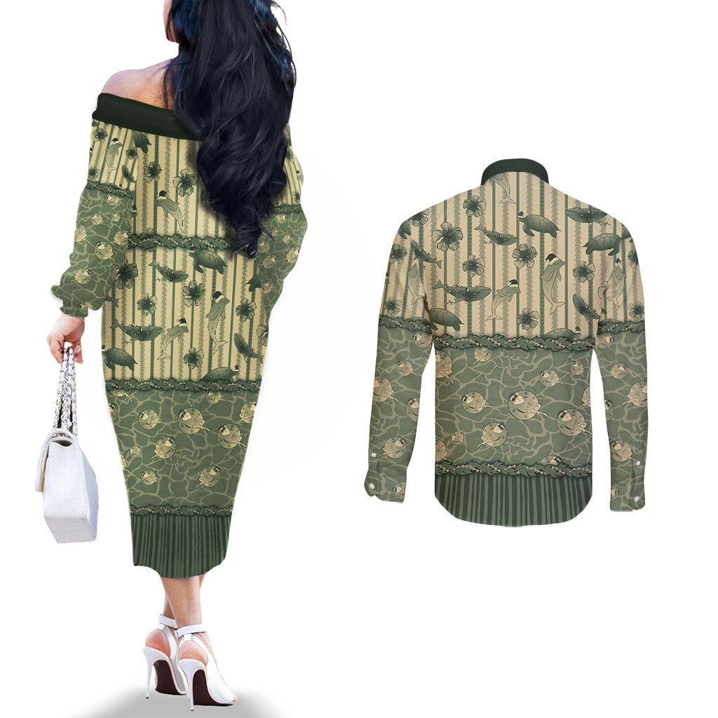 Hawaii Christmas In July Couples Matching Off The Shoulder Long Sleeve Dress and Long Sleeve Button Shirt Olive Green Mele Kalikimaka Sea Animals DT05 - Polynesian Pride