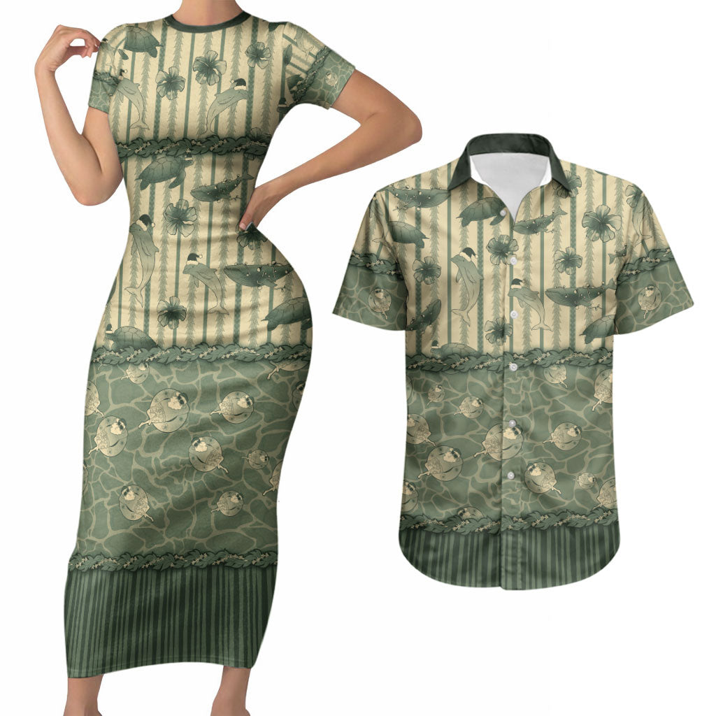 Hawaii Christmas In July Couples Matching Short Sleeve Bodycon Dress and Hawaiian Shirt Olive Green Mele Kalikimaka Sea Animals DT05 Green - Polynesian Pride