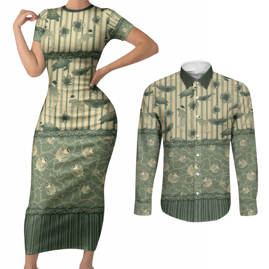 Hawaii Christmas In July Couples Matching Short Sleeve Bodycon Dress and Long Sleeve Button Shirt Olive Green Mele Kalikimaka Sea Animals DT05 Green - Polynesian Pride