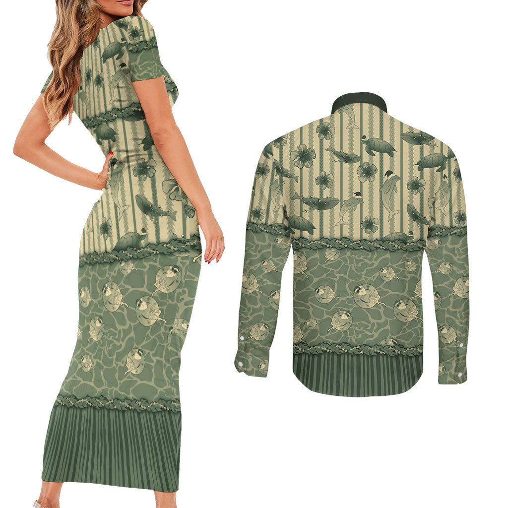Hawaii Christmas In July Couples Matching Short Sleeve Bodycon Dress and Long Sleeve Button Shirt Olive Green Mele Kalikimaka Sea Animals DT05 - Polynesian Pride