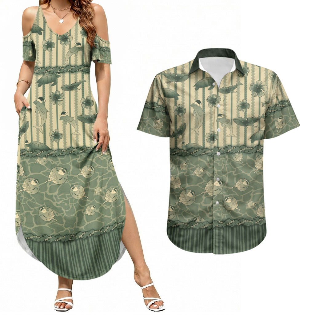 Hawaii Christmas In July Couples Matching Summer Maxi Dress and Hawaiian Shirt Olive Green Mele Kalikimaka Sea Animals DT05 Green - Polynesian Pride
