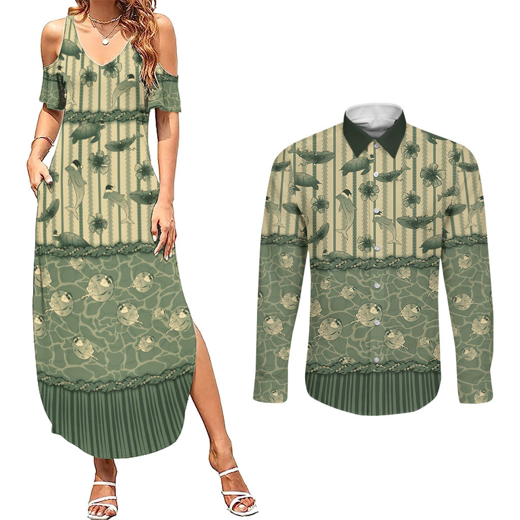 Hawaii Christmas In July Couples Matching Summer Maxi Dress and Long Sleeve Button Shirt Olive Green Mele Kalikimaka Sea Animals DT05 Green - Polynesian Pride