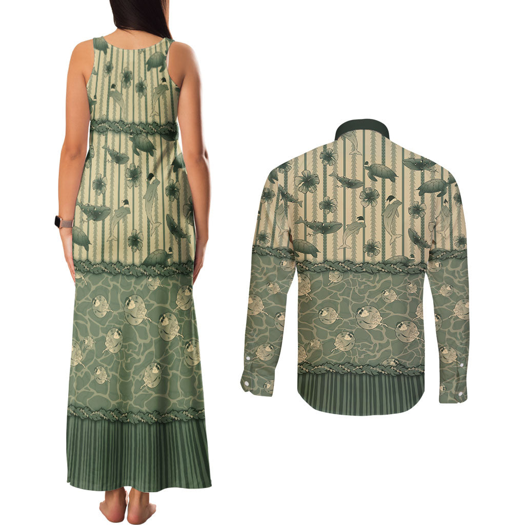 Hawaii Christmas In July Couples Matching Tank Maxi Dress and Long Sleeve Button Shirt Olive Green Mele Kalikimaka Sea Animals DT05 - Polynesian Pride