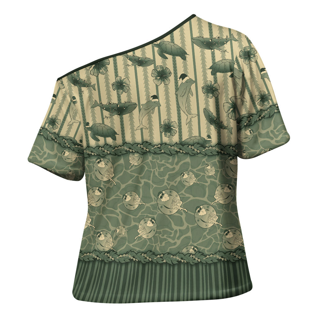Hawaii Christmas In July Cross Shoulder Shirt Olive Green Mele Kalikimaka Sea Animals
