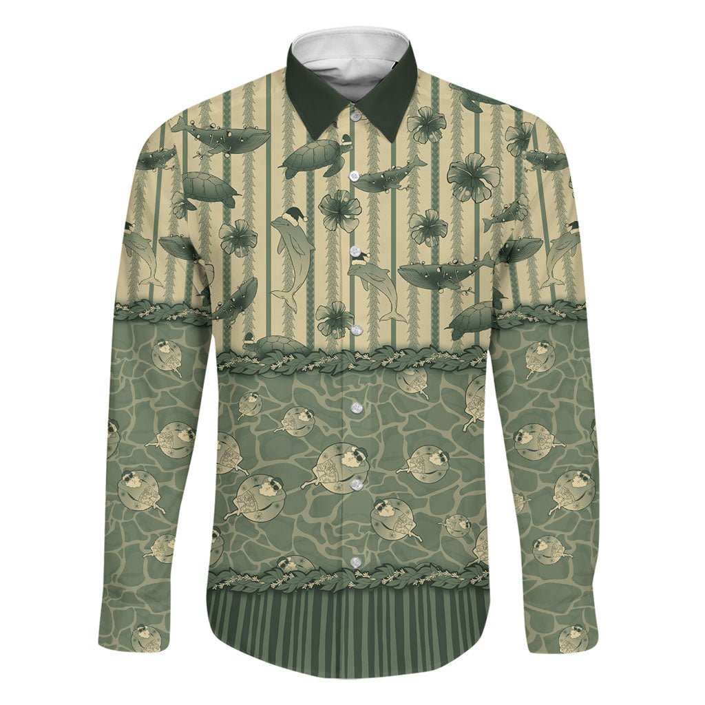 Hawaii Christmas In July Family Matching Mermaid Dress and Hawaiian Shirt Olive Green Mele Kalikimaka Sea Animals DT05 Dad's Shirt - Long Sleeve Green - Polynesian Pride