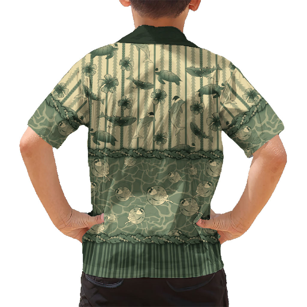 Hawaii Christmas In July Family Matching Off The Shoulder Long Sleeve Dress and Hawaiian Shirt Olive Green Mele Kalikimaka Sea Animals DT05 - Polynesian Pride