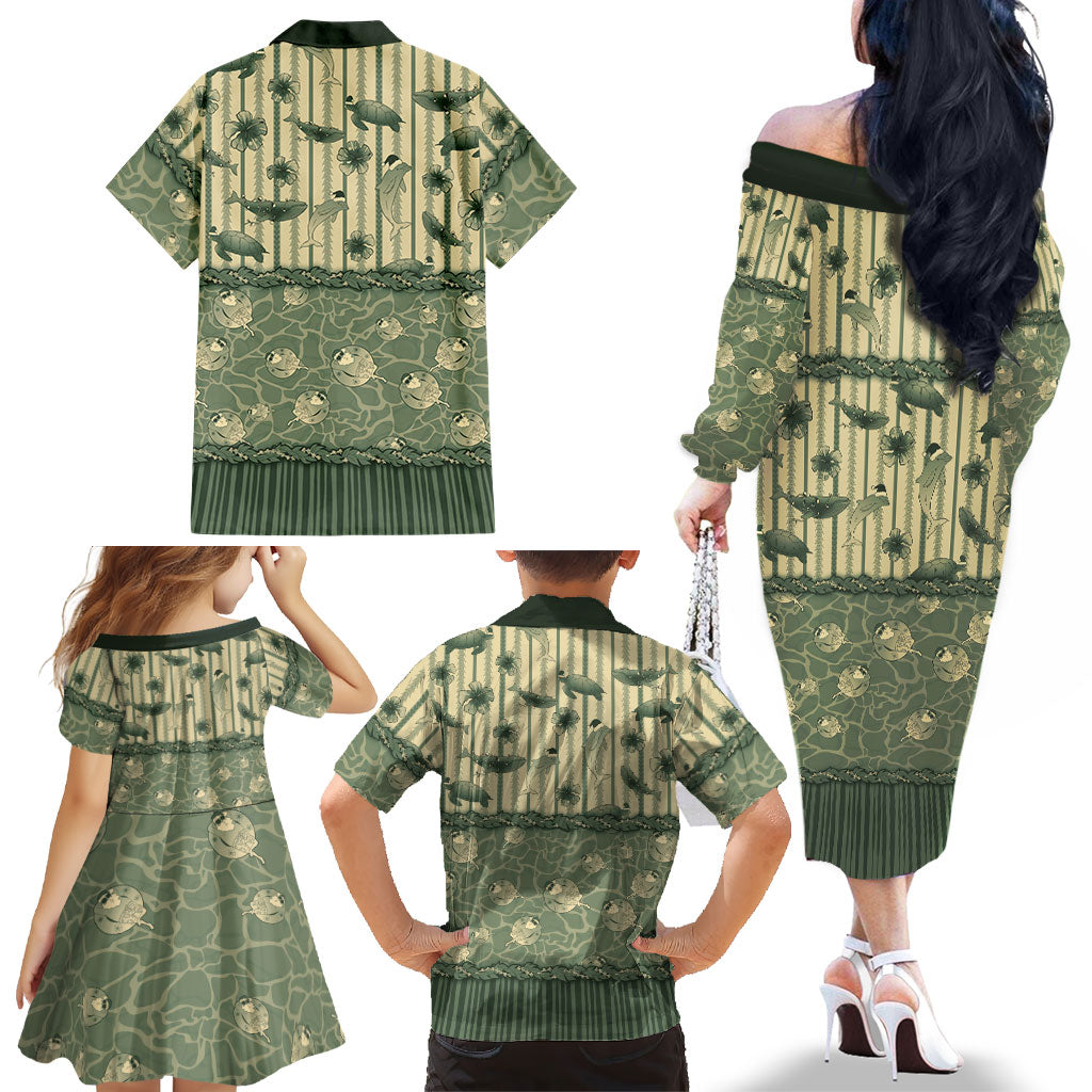 Hawaii Christmas In July Family Matching Off The Shoulder Long Sleeve Dress and Hawaiian Shirt Olive Green Mele Kalikimaka Sea Animals DT05 - Polynesian Pride