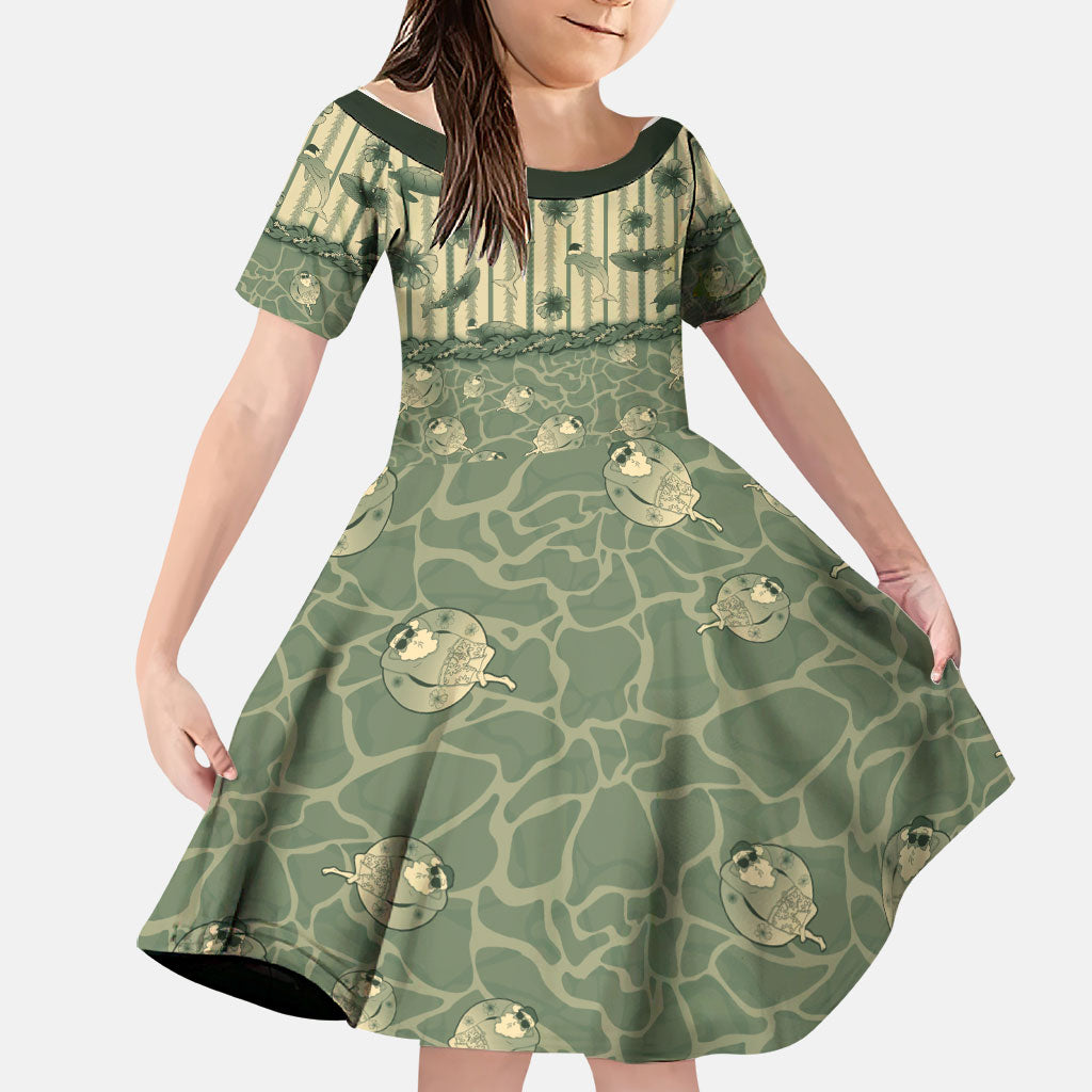 Hawaii Christmas In July Family Matching Off Shoulder Maxi Dress and Hawaiian Shirt Olive Green Mele Kalikimaka Sea Animals DT05 Daughter's Dress Green - Polynesian Pride