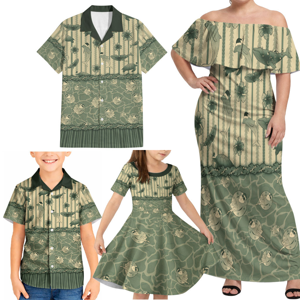 Hawaii Christmas In July Family Matching Off Shoulder Maxi Dress and Hawaiian Shirt Olive Green Mele Kalikimaka Sea Animals DT05 - Polynesian Pride