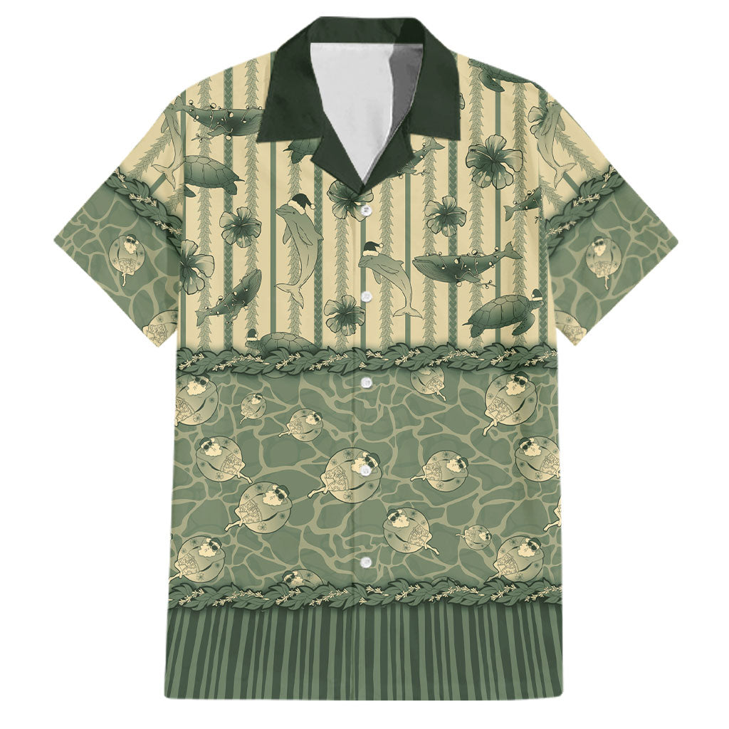 Hawaii Christmas In July Family Matching Off Shoulder Maxi Dress and Hawaiian Shirt Olive Green Mele Kalikimaka Sea Animals DT05 Dad's Shirt - Short Sleeve Green - Polynesian Pride