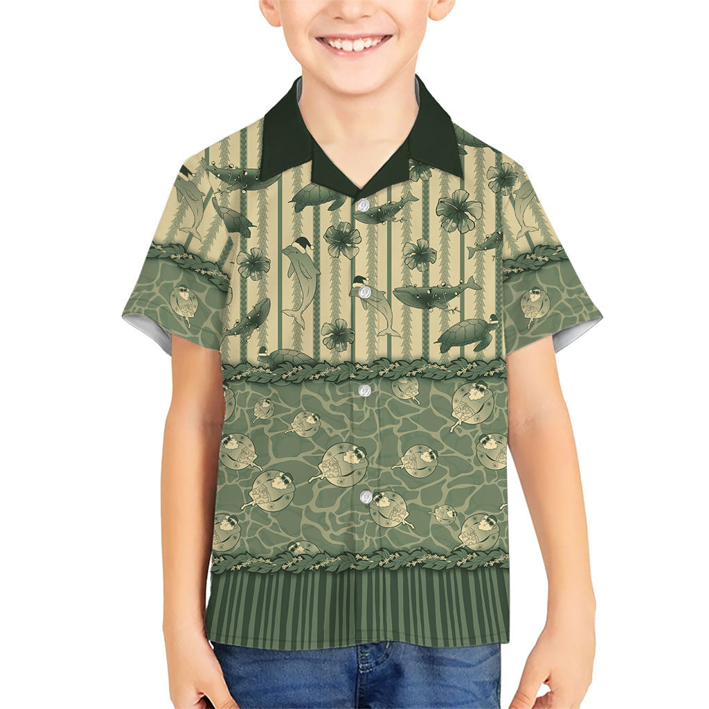 Hawaii Christmas In July Family Matching Off Shoulder Short Dress and Hawaiian Shirt Olive Green Mele Kalikimaka Sea Animals DT05 Son's Shirt Green - Polynesian Pride