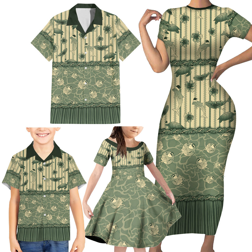 Hawaii Christmas In July Family Matching Short Sleeve Bodycon Dress and Hawaiian Shirt Olive Green Mele Kalikimaka Sea Animals