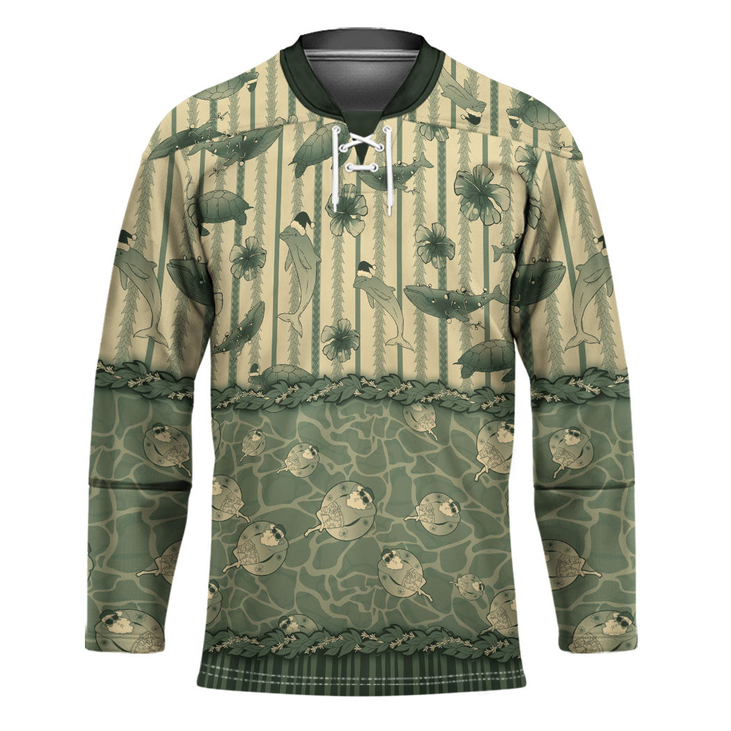 Hawaii Christmas In July Hockey Jersey Olive Green Mele Kalikimaka Sea Animals