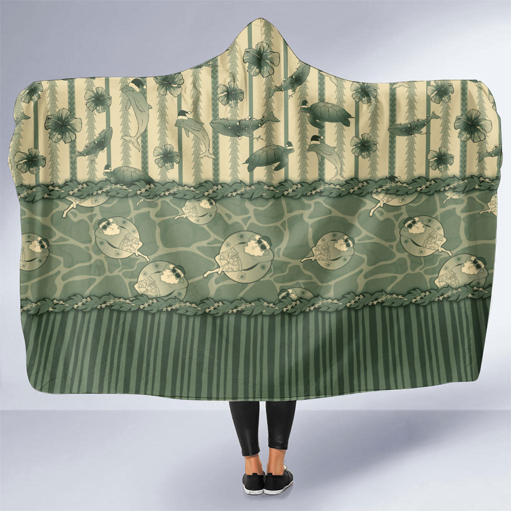 Hawaii Christmas In July Hooded Blanket Olive Green Mele Kalikimaka Sea Animals
