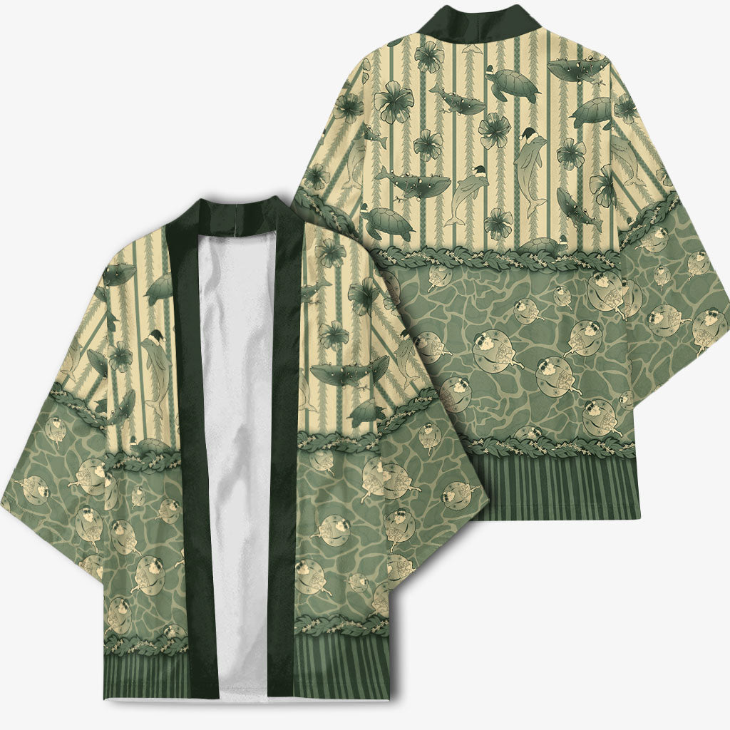 Hawaii Christmas In July Kimono Olive Green Mele Kalikimaka Sea Animals DT05 - Polynesian Pride