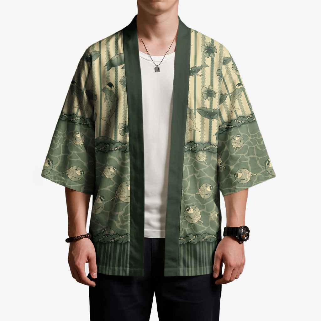 Hawaii Christmas In July Kimono Olive Green Mele Kalikimaka Sea Animals DT05 - Polynesian Pride
