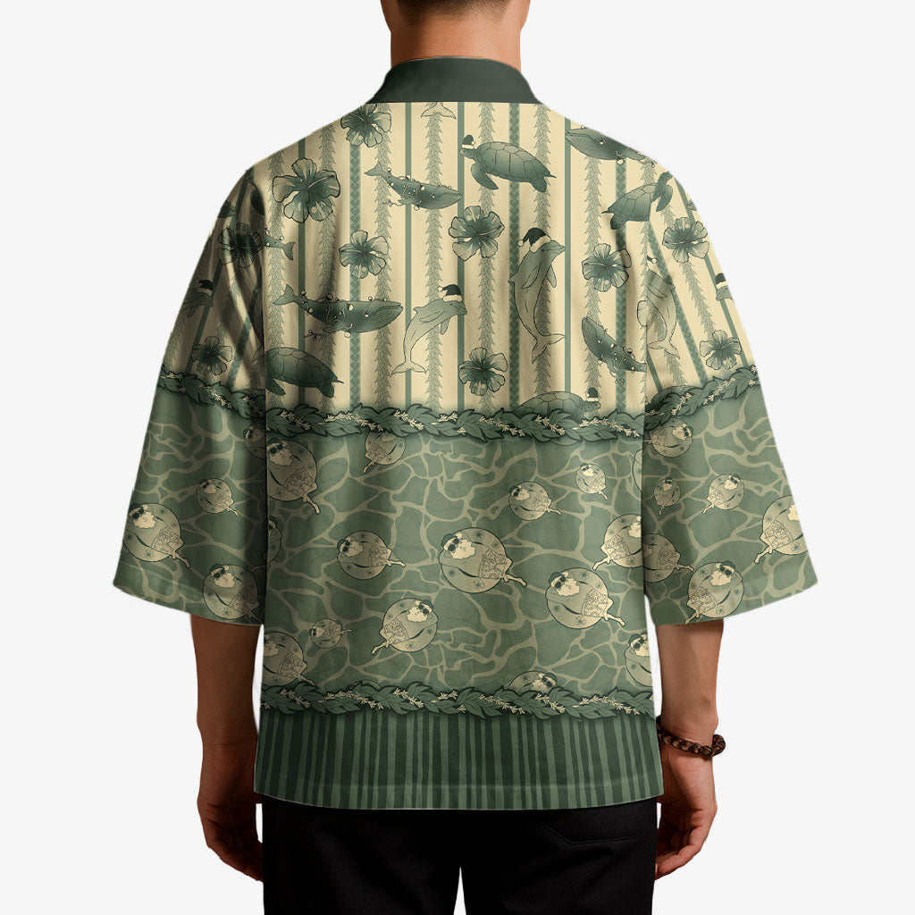 Hawaii Christmas In July Kimono Olive Green Mele Kalikimaka Sea Animals DT05 - Polynesian Pride
