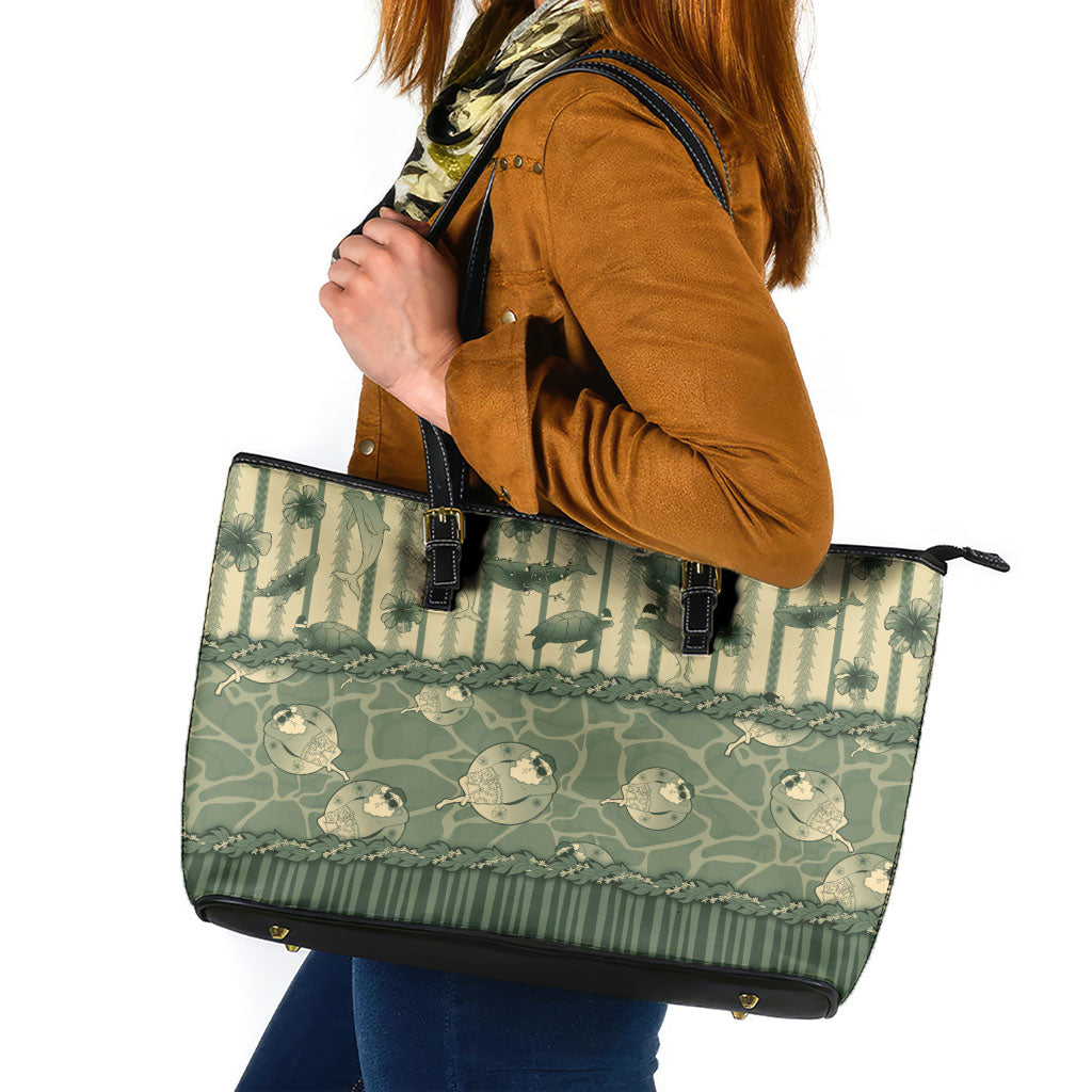 Hawaii Christmas In July Leather Tote Bag Olive Green Mele Kalikimaka Sea Animals