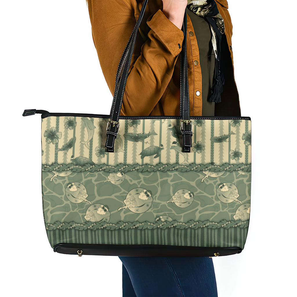 Hawaii Christmas In July Leather Tote Bag Olive Green Mele Kalikimaka Sea Animals