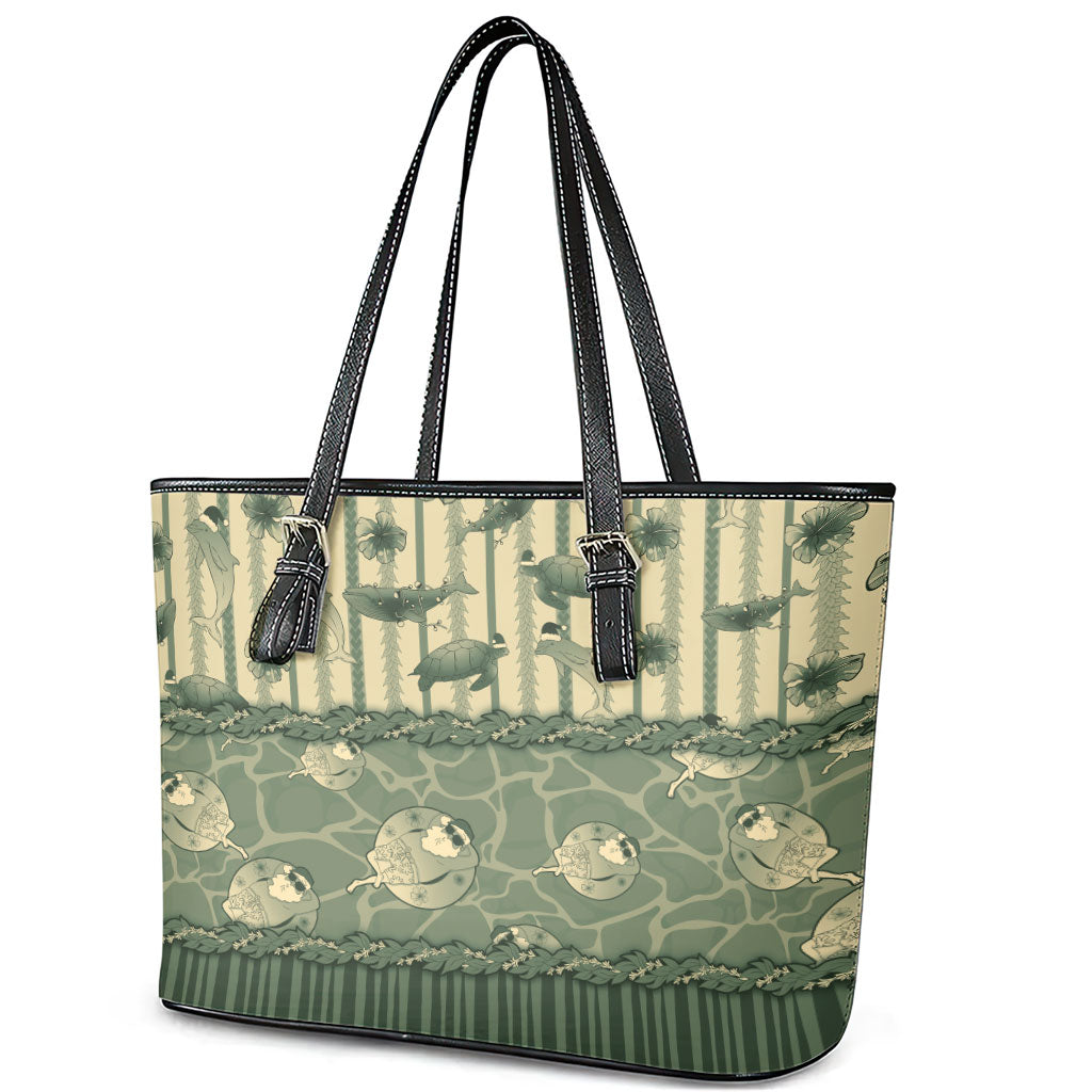 Hawaii Christmas In July Leather Tote Bag Olive Green Mele Kalikimaka Sea Animals