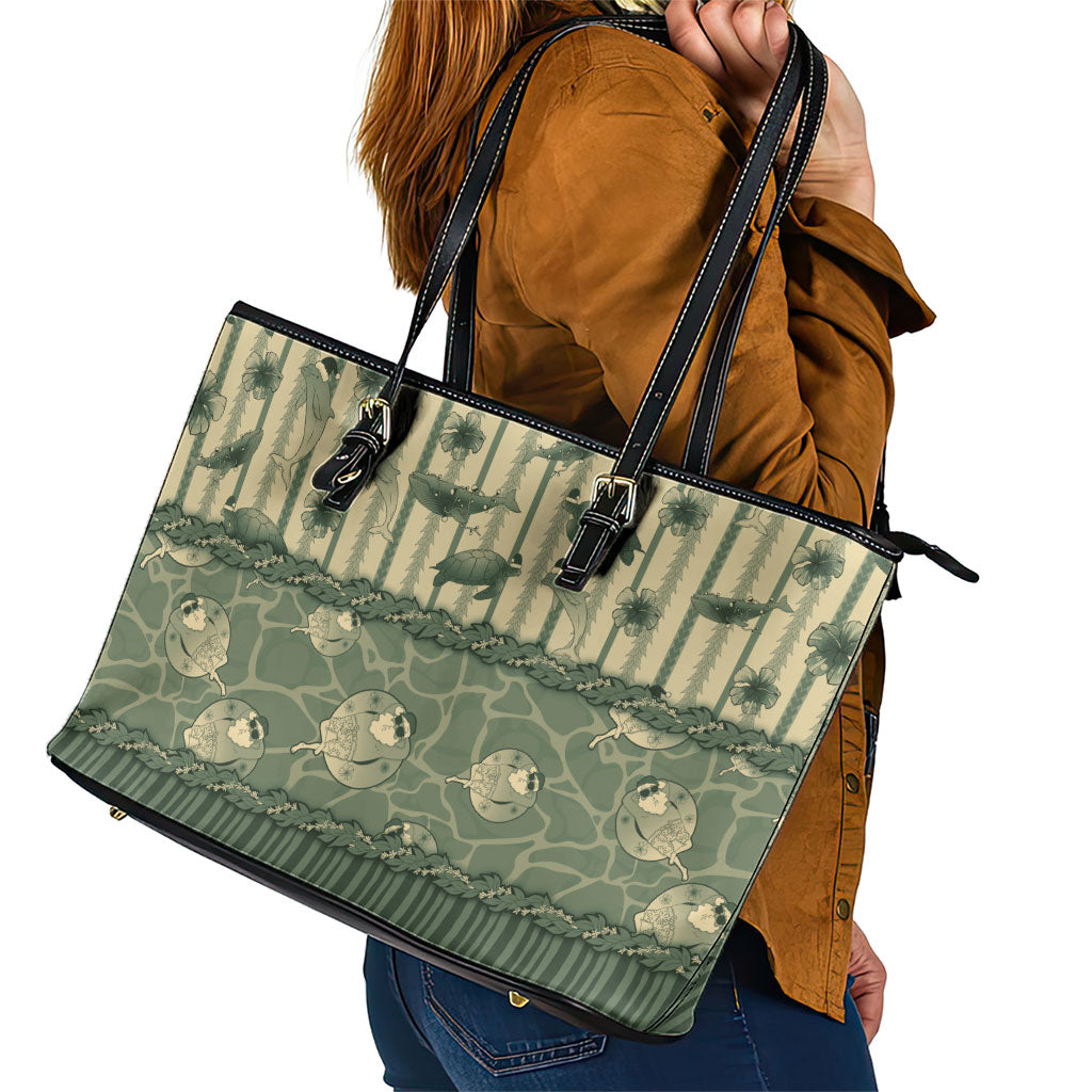 Hawaii Christmas In July Leather Tote Bag Olive Green Mele Kalikimaka Sea Animals