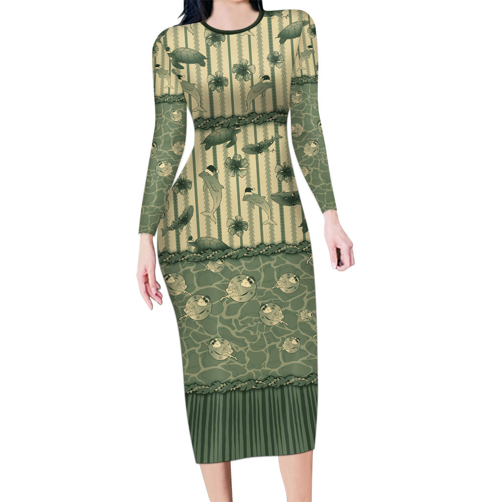 Hawaii Christmas In July Long Sleeve Bodycon Dress Olive Green Mele Kalikimaka Sea Animals