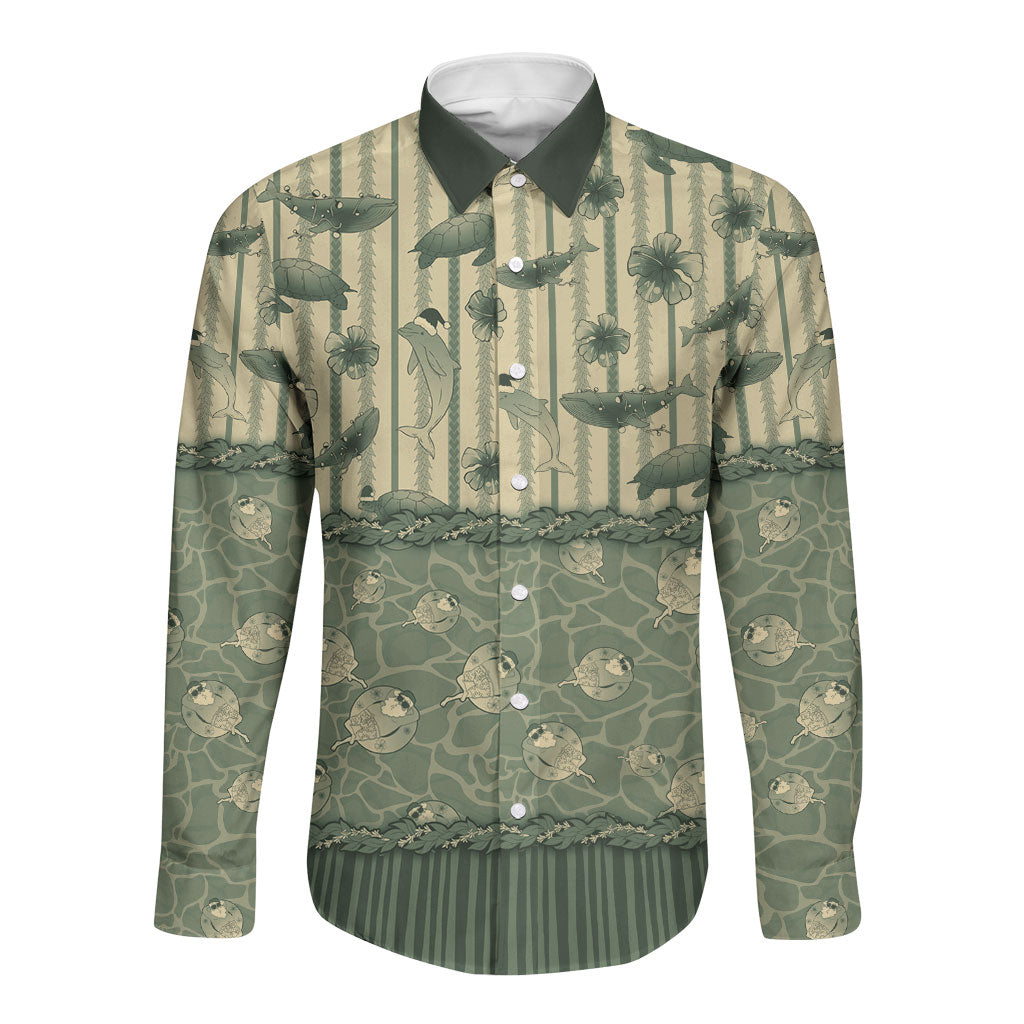 Hawaii Christmas In July Long Sleeve Button Shirt Olive Green Mele Kalikimaka Sea Animals DT05 Unisex Green - Polynesian Pride