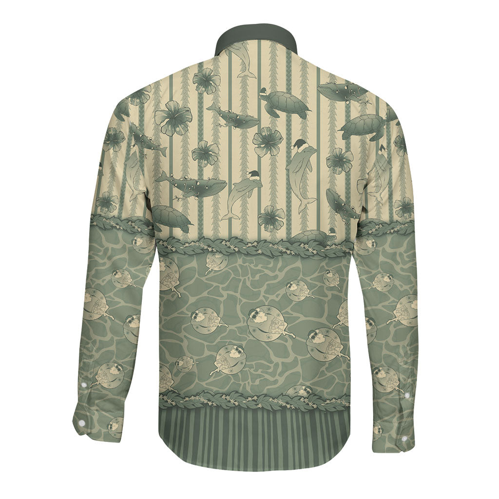 Hawaii Christmas In July Long Sleeve Button Shirt Olive Green Mele Kalikimaka Sea Animals DT05 - Polynesian Pride