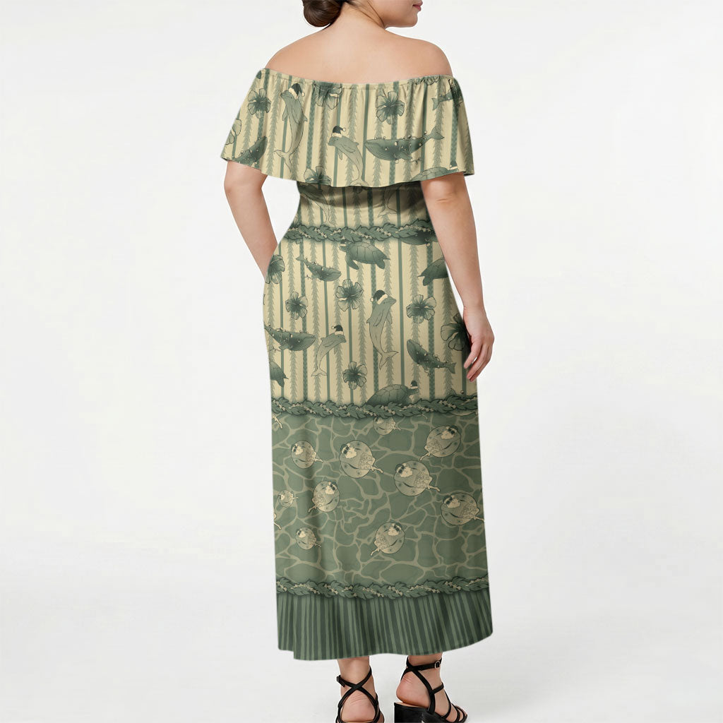 Hawaii Christmas In July Off Shoulder Maxi Dress Olive Green Mele Kalikimaka Sea Animals DT05 - Polynesian Pride