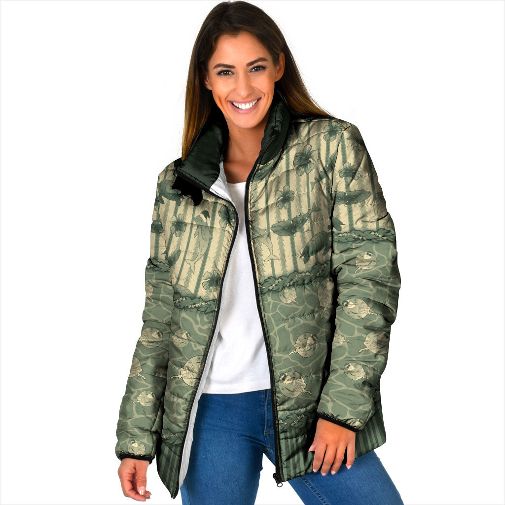 Hawaii Christmas In July Padded Jacket Olive Green Mele Kalikimaka Sea Animals DT05 Women Green - Polynesian Pride