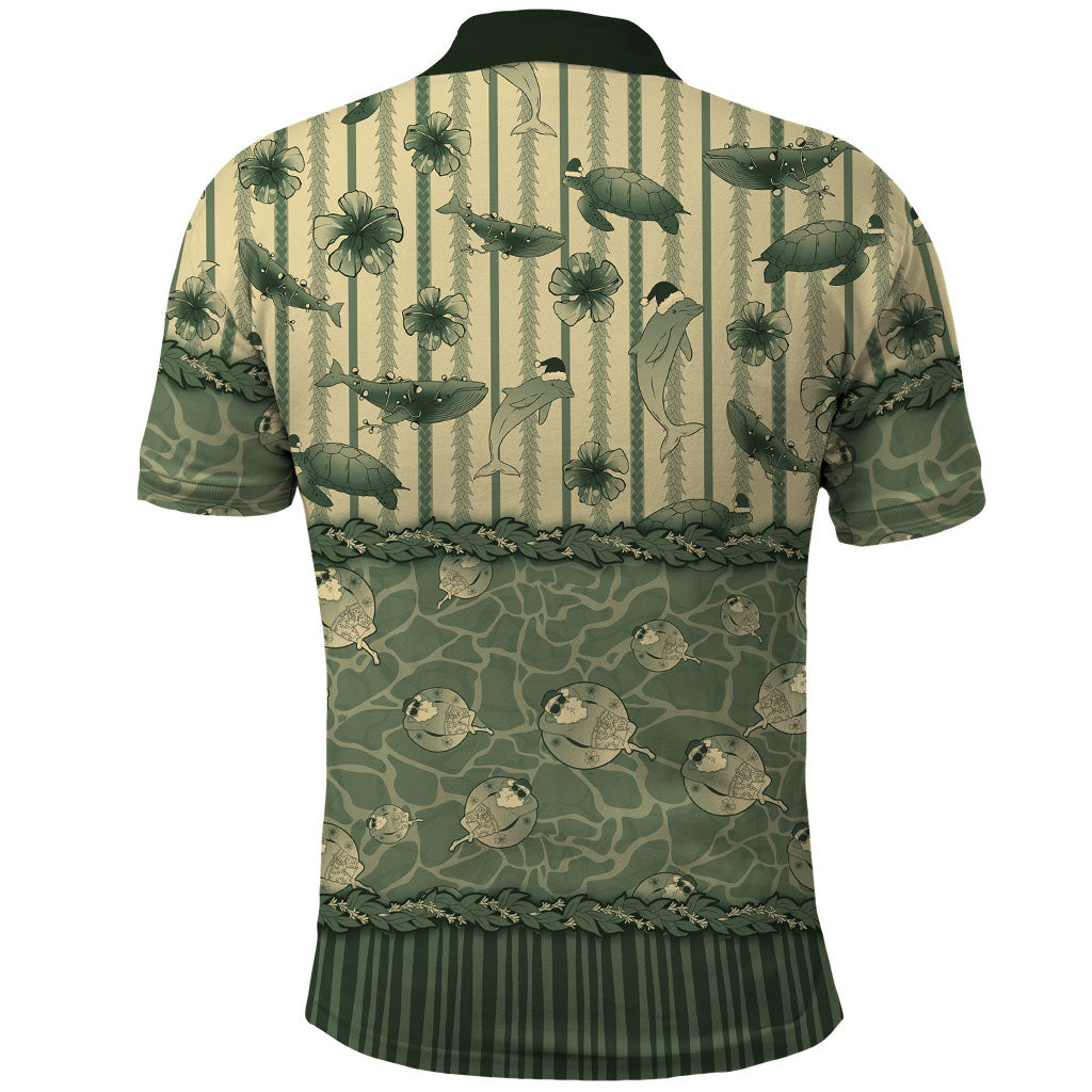 Hawaii Christmas In July Polo Shirt Olive Green Mele Kalikimaka Sea Animals